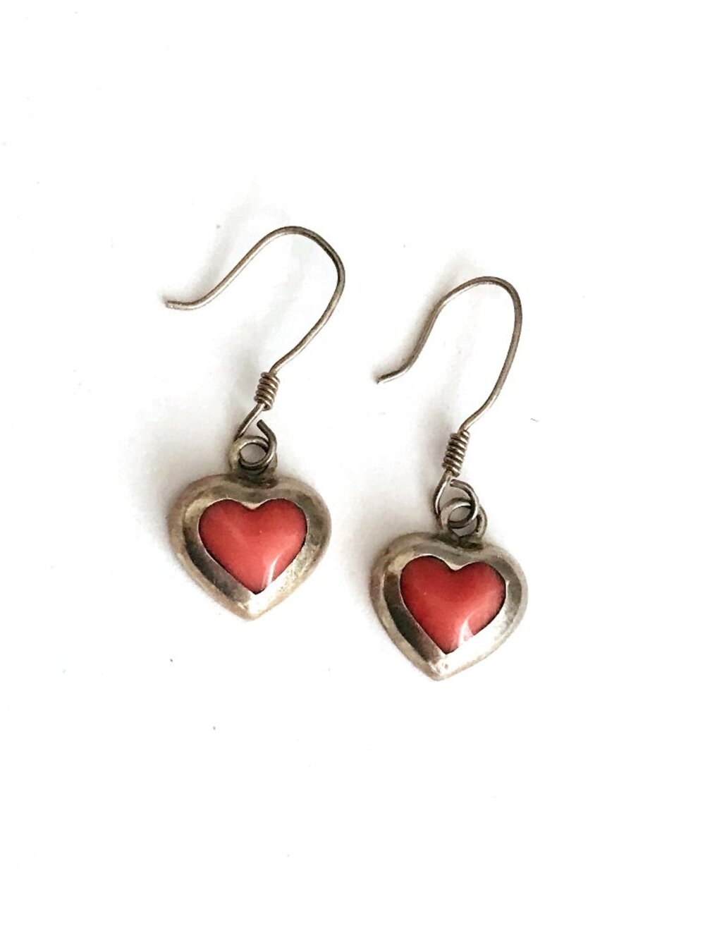 Mexico Sterling Silver & Red Coral Heart Earrings Dangle Hooks Taxco